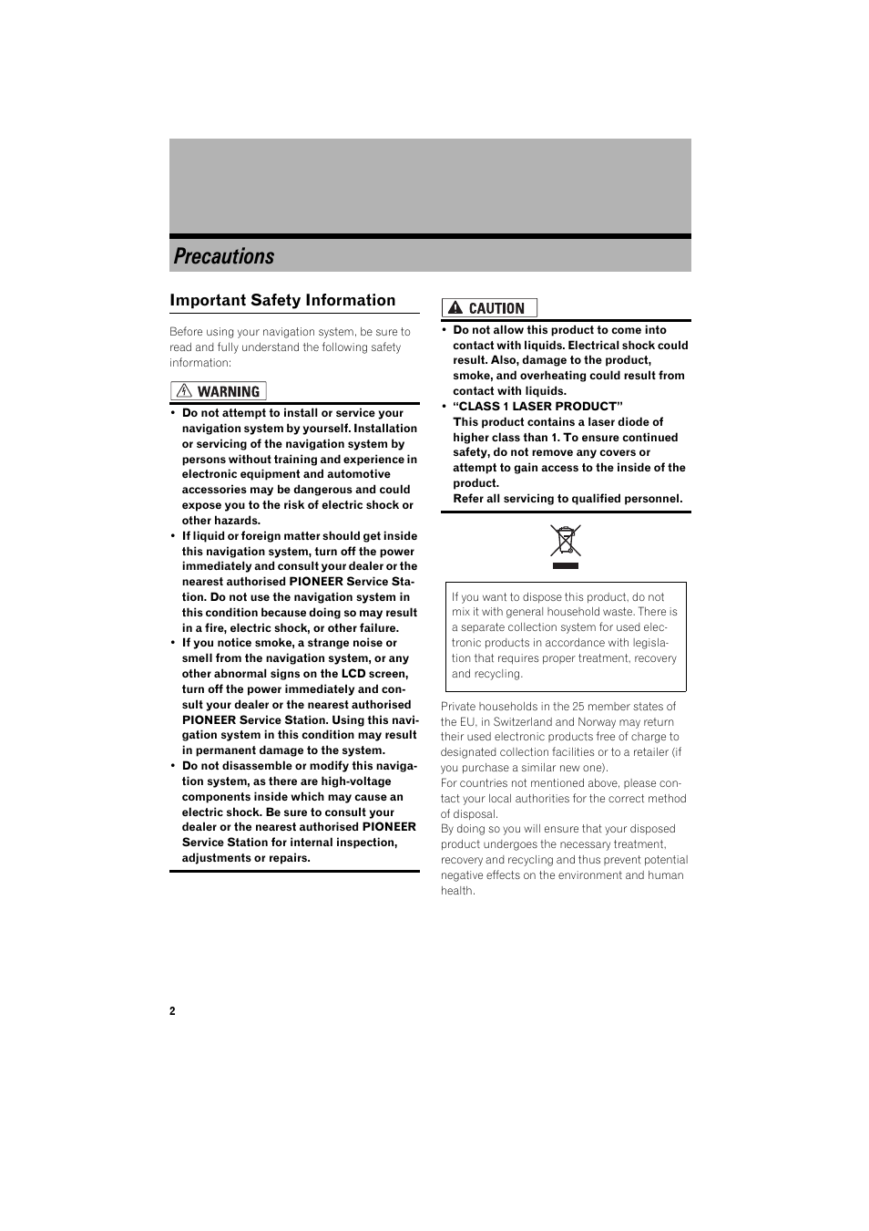 Precautions, Important safety information 2, Important safety information | Pioneer AVIC-HD1BT User Manual | Page 4 / 25