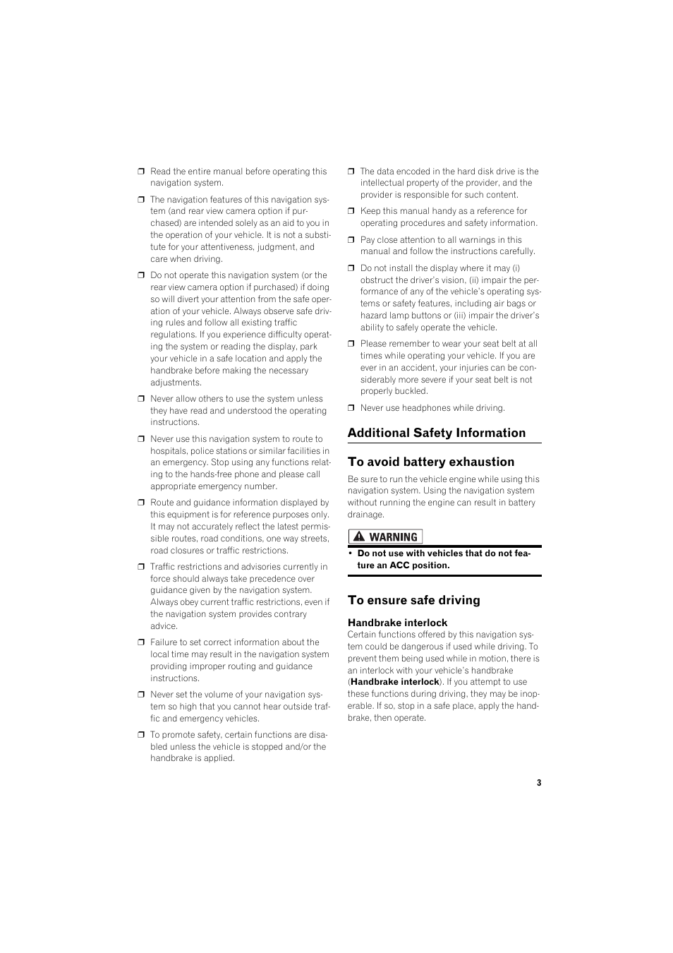 Additional safety information 3, To avoid battery exhaustion 3, To ensure safe driving 3 | Pioneer AVIC-HD1BT User Manual | Page 5 / 25