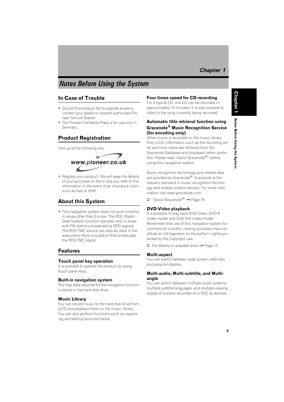 Chapter 1, Notes before using the system, Product registration | About this system, Features | Pioneer AVIC-HD1BT User Manual | Page 7 / 25