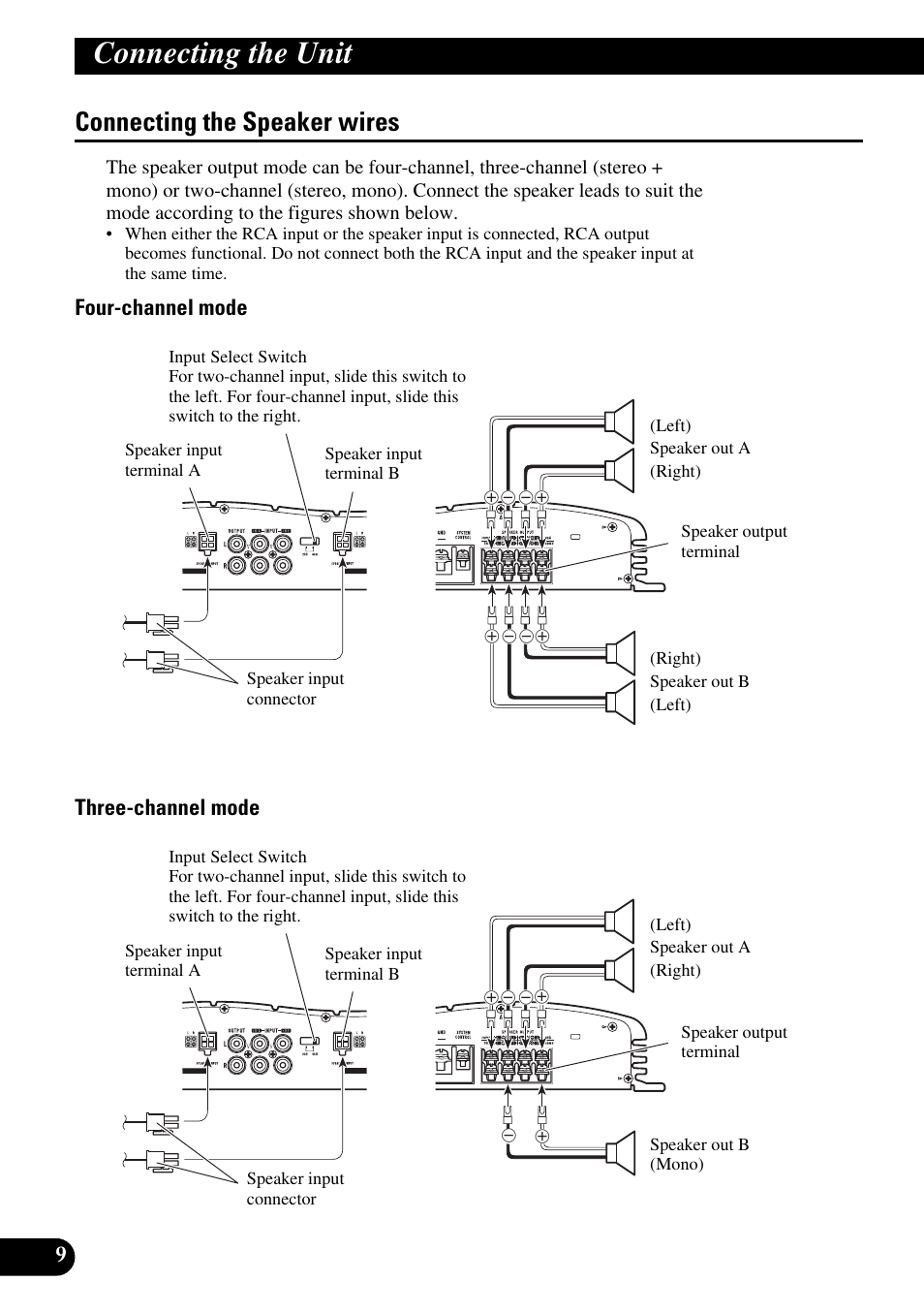 Connecting the speaker wires, Connecting the unit, Four-channel mode three-channel mode | Pioneer GM-X354 User Manual | Page 10 / 76