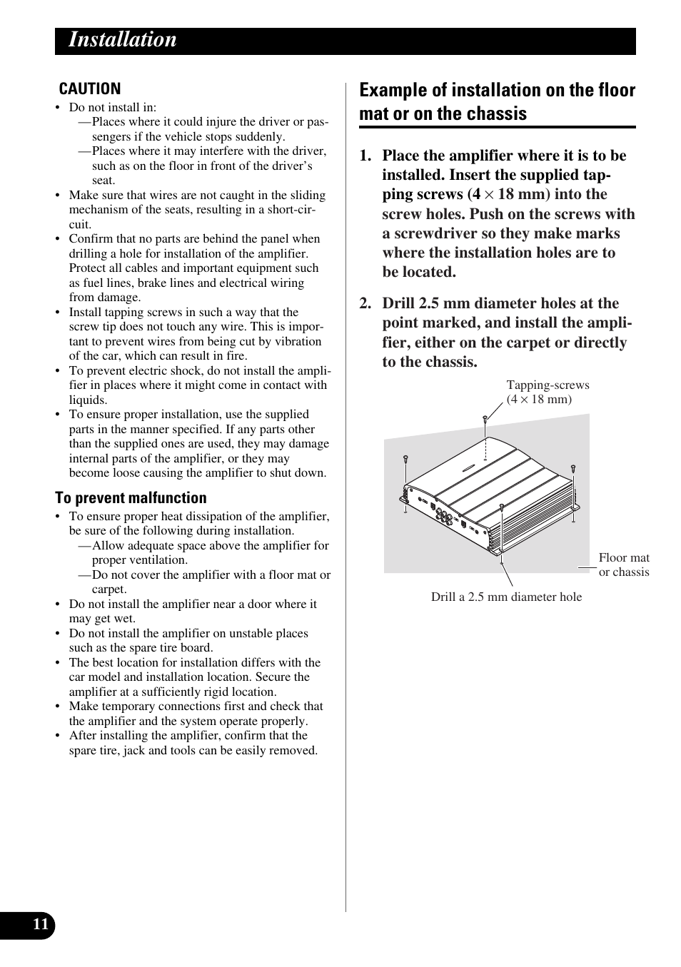 Installation, Example of installation on the floor mat, Or on the chassis | Pioneer GM-X354 User Manual | Page 12 / 76