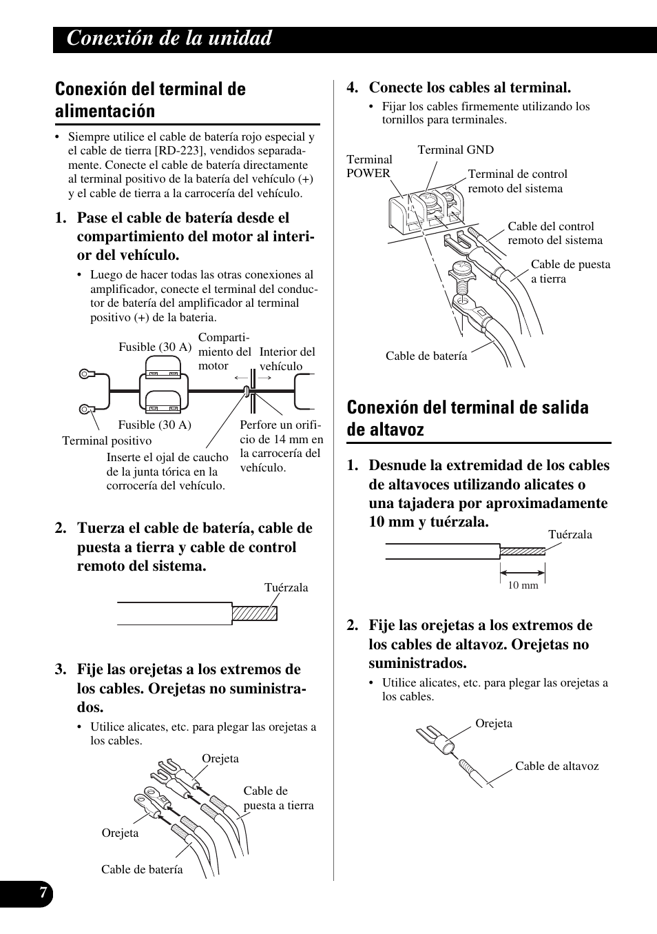 Conexión de la unidad, Conexión del terminal de alimentación, Conexión del terminal de salida de altavoz | Pioneer GM-X354 User Manual | Page 20 / 76