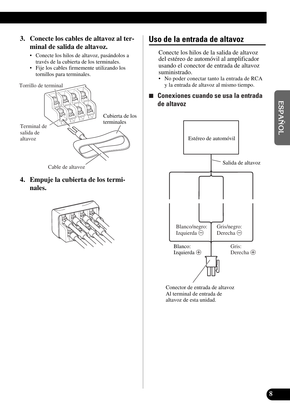 Uso de la entrada de altavoz | Pioneer GM-X354 User Manual | Page 21 / 76