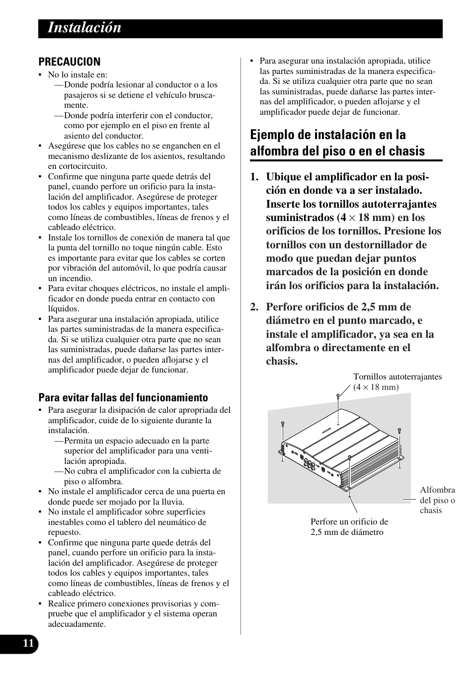 Instalación, Ejemplo de instalación en la alfombra del, Piso o en el chasis | Pioneer GM-X354 User Manual | Page 24 / 76