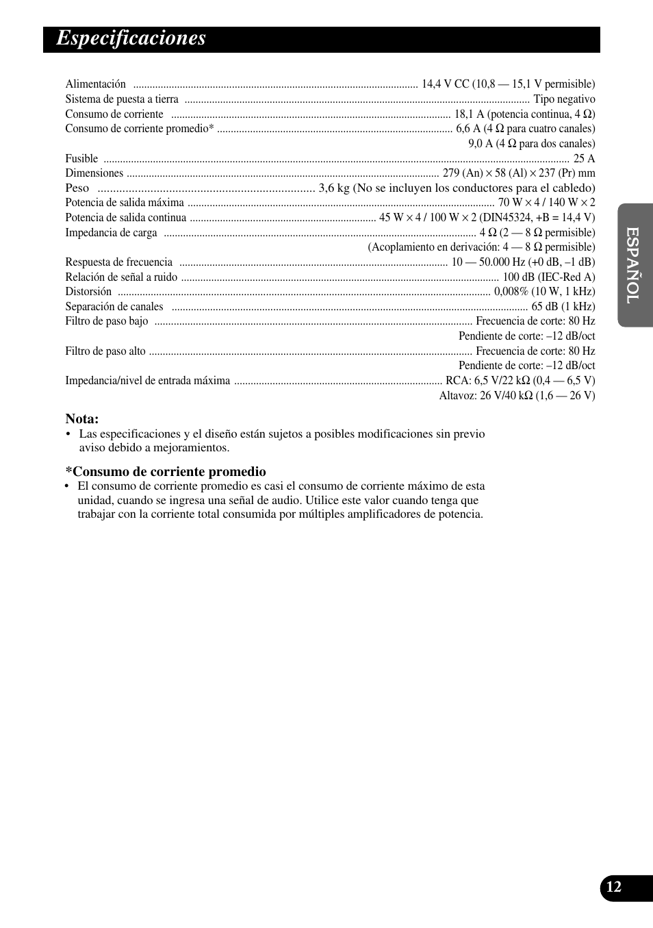 Especificaciones | Pioneer GM-X354 User Manual | Page 25 / 76
