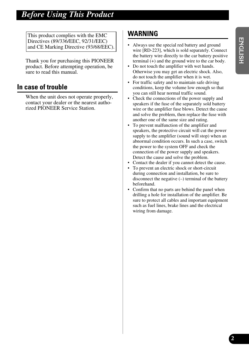 Before using this product, In case of trouble warning, Warning | Pioneer GM-X354 User Manual | Page 3 / 76