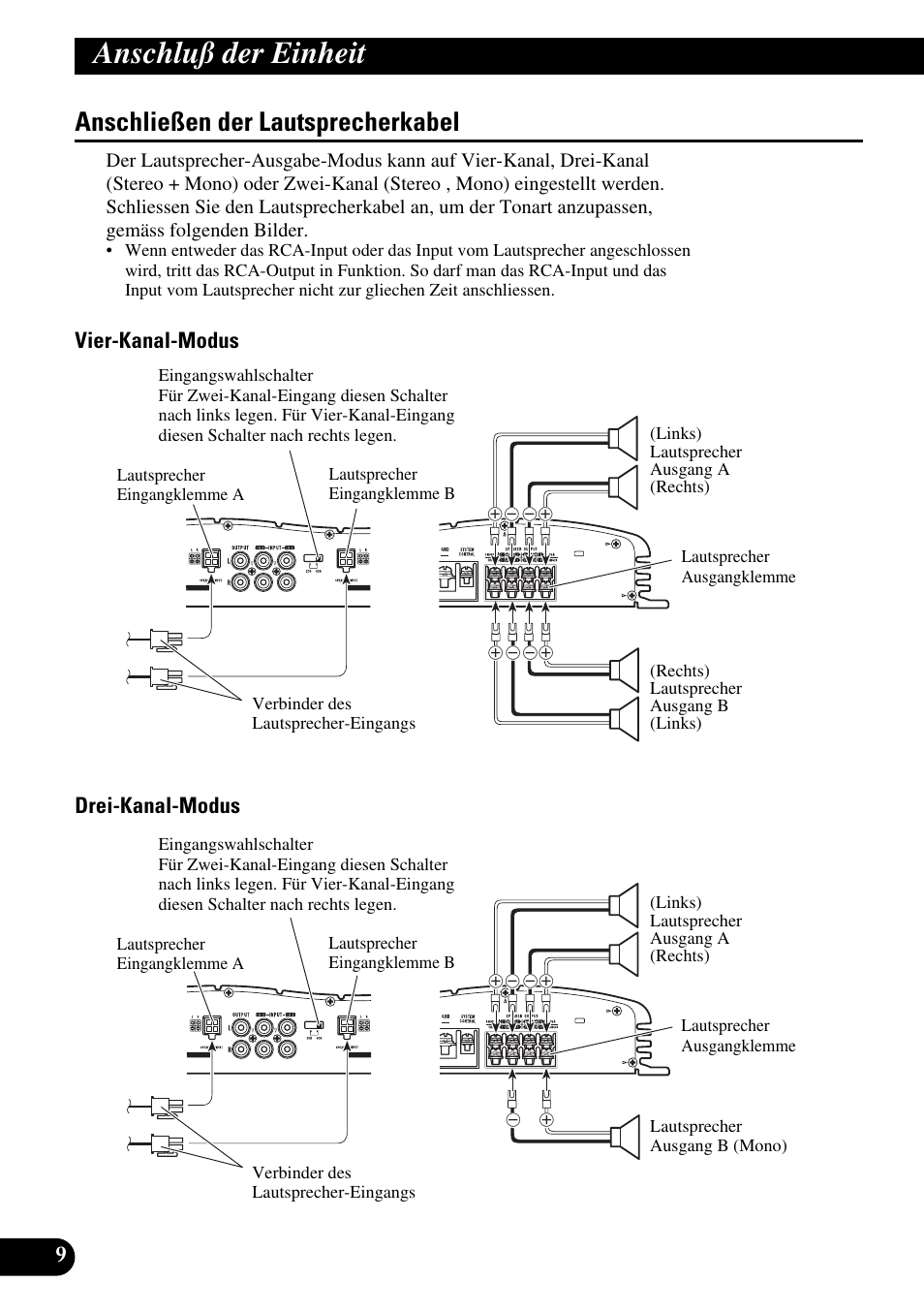 Anschließen der lautsprecherkabel, Anschluß der einheit, Vier-kanal-modus drei-kanal-modus | Pioneer GM-X354 User Manual | Page 34 / 76