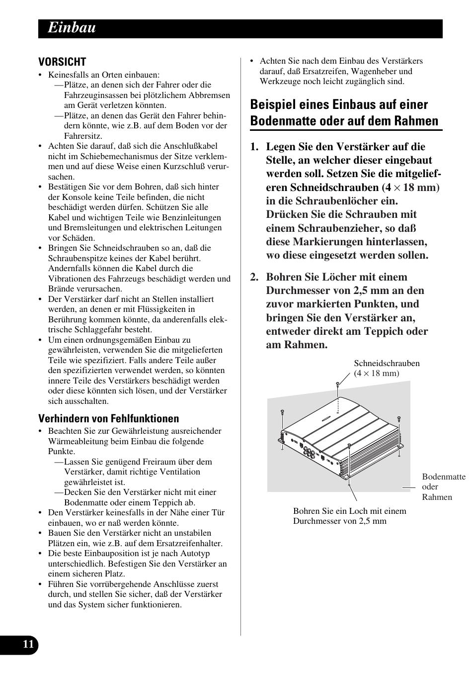 Einbau, Beispiel eines einbaus auf einer bodenmatte, Oder auf dem rahmen | Pioneer GM-X354 User Manual | Page 36 / 76