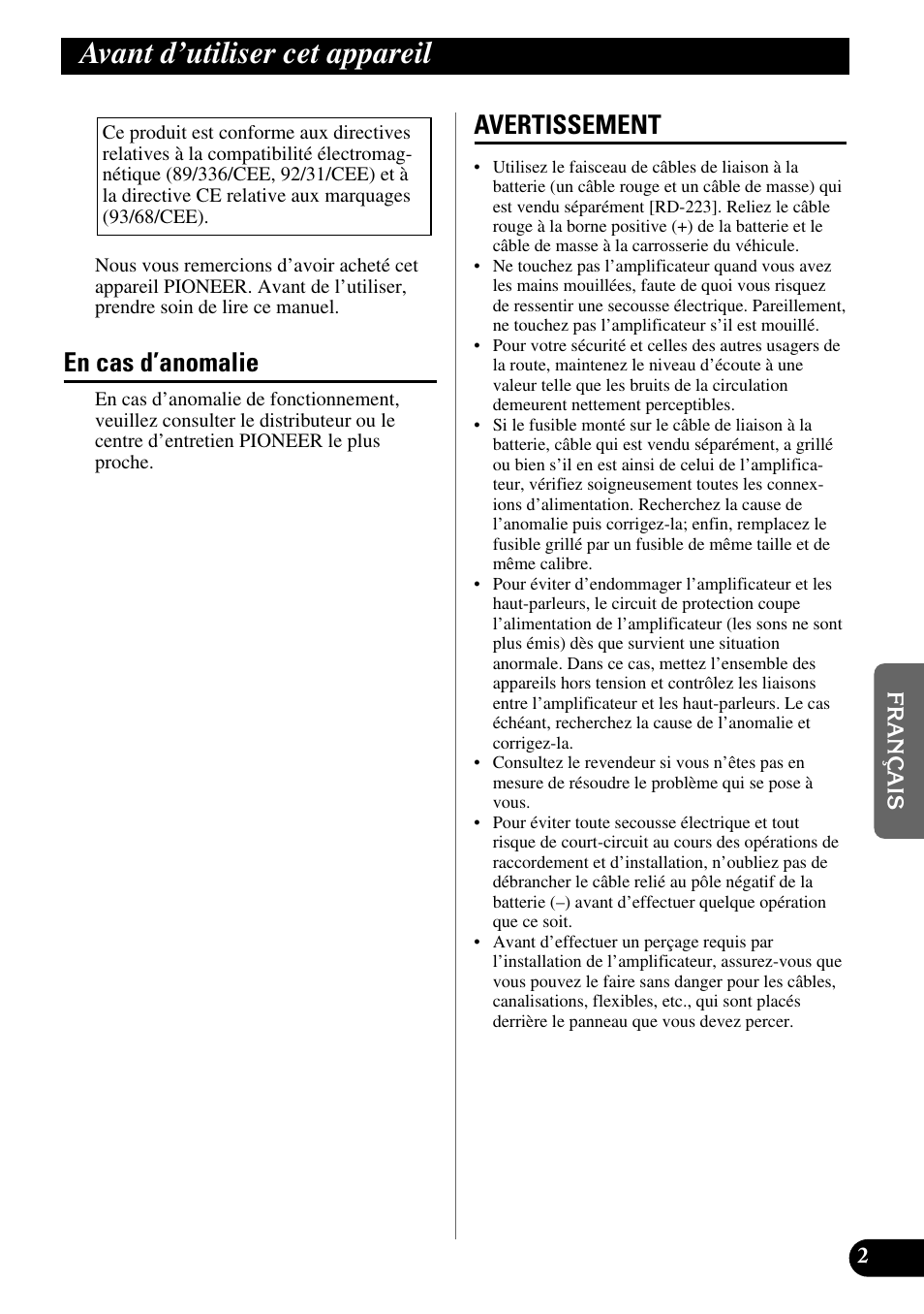 Avant d’utiliser cet appareil, En cas d’anomalie avertissement, En cas d’anomalie | Avertissement | Pioneer GM-X354 User Manual | Page 39 / 76