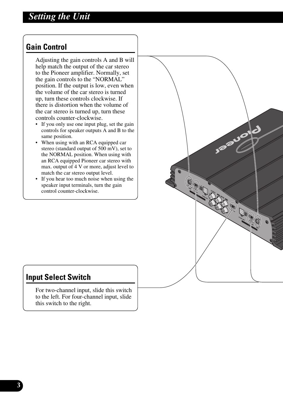 Setting the unit, Gain control input select switch, Gain control | Input select switch | Pioneer GM-X354 User Manual | Page 4 / 76