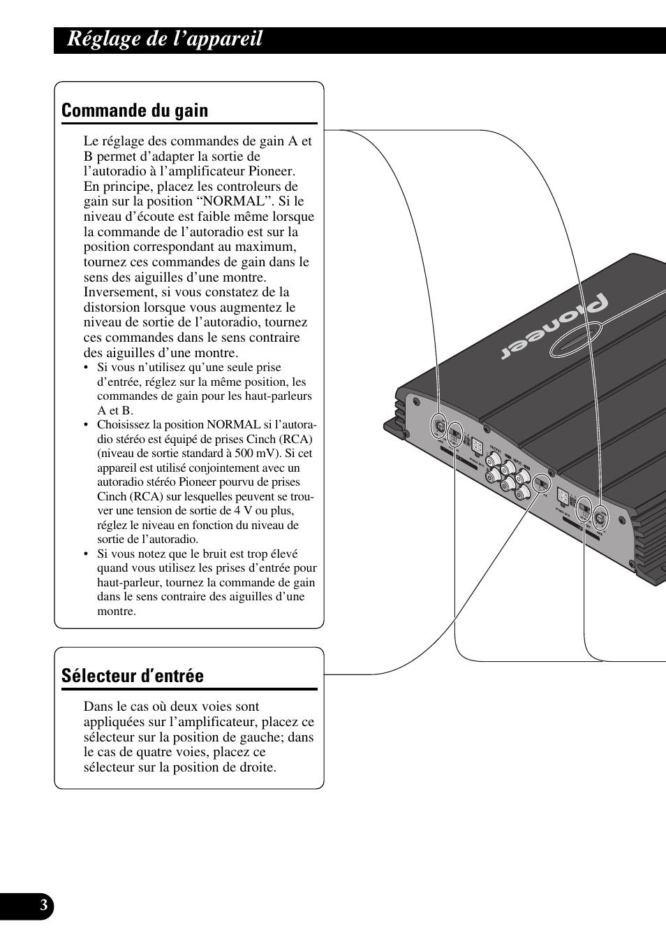 Réglage de l’appareil, Commande du gain sélecteur d’entrée, Commande du gain | Sélecteur d’entrée | Pioneer GM-X354 User Manual | Page 40 / 76