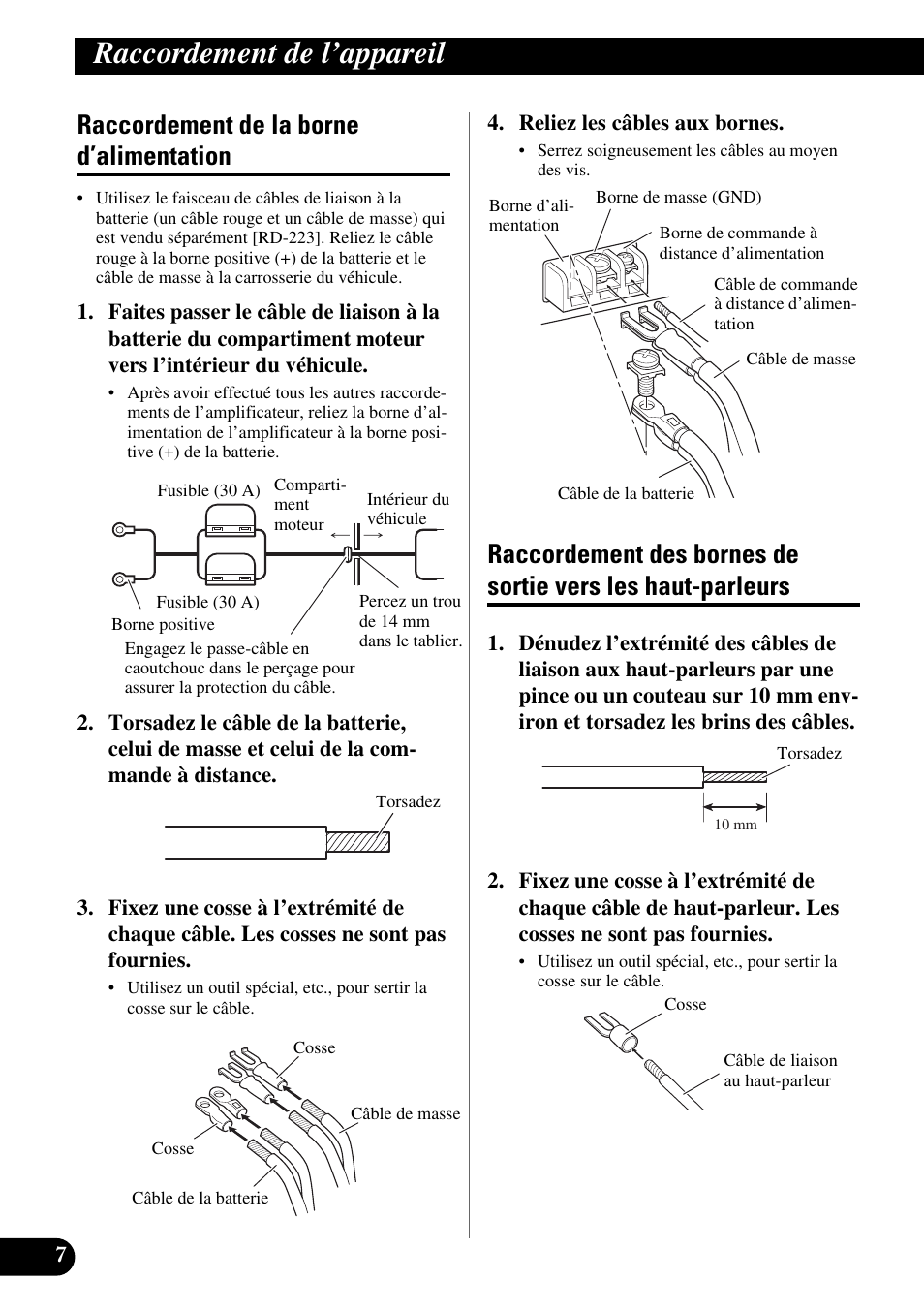Les haut-parleurs, Raccordement de l’appareil, Raccordement de la borne d’alimentation | Pioneer GM-X354 User Manual | Page 44 / 76