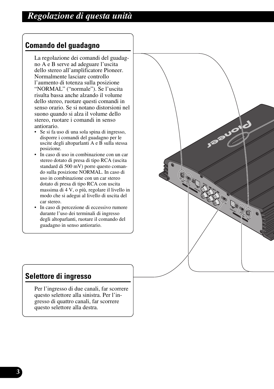 Regolazione di questa unità, Comando del guadagno selettore di ingresso, Comando del guadagno | Selettore di ingresso | Pioneer GM-X354 User Manual | Page 52 / 76