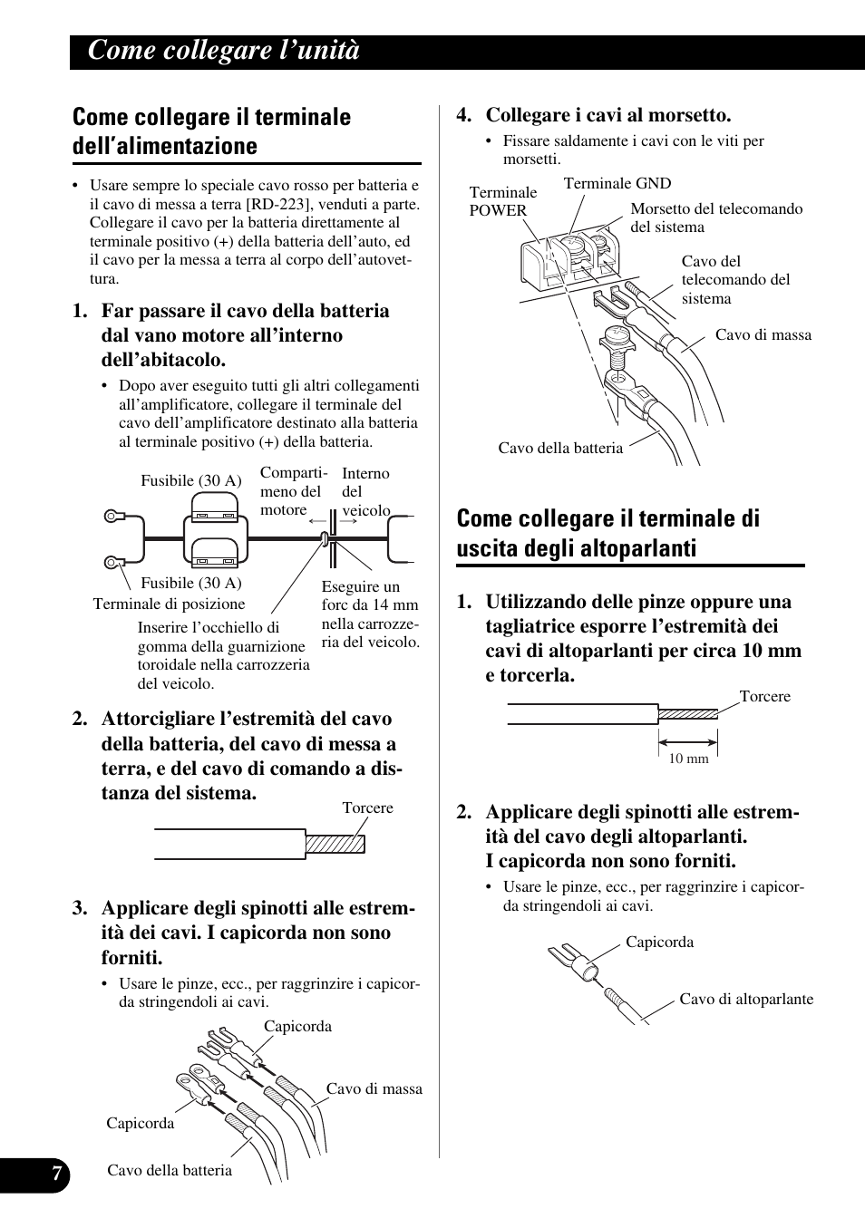 Come collegare il terminale, Dell’alimentazione, Come collegare il terminale di uscita degli | Altoparlanti, Come collegare l’unità, Come collegare il terminale dell’alimentazione | Pioneer GM-X354 User Manual | Page 56 / 76