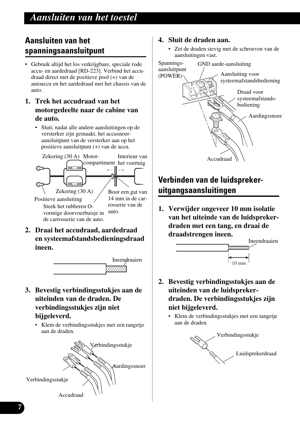 Uitgangsaansluitingen, Aansluiten van het toestel, Aansluiten van het spanningsaansluitpunt | Pioneer GM-X354 User Manual | Page 68 / 76