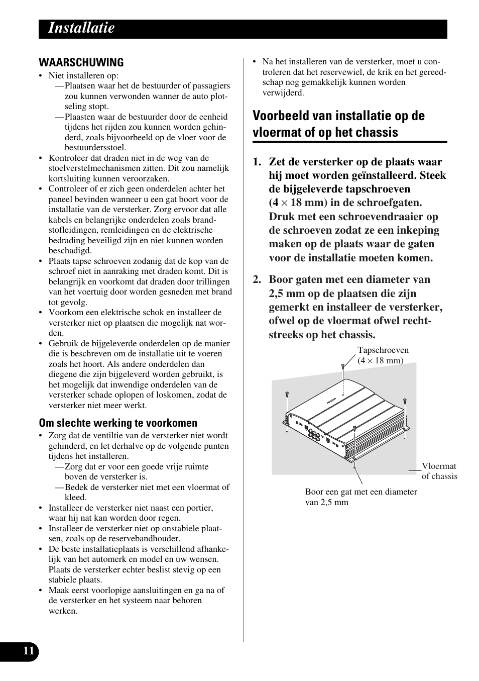 Installatie, Voorbeeld van installatie op de vloermat of, Op het chassis | Pioneer GM-X354 User Manual | Page 72 / 76