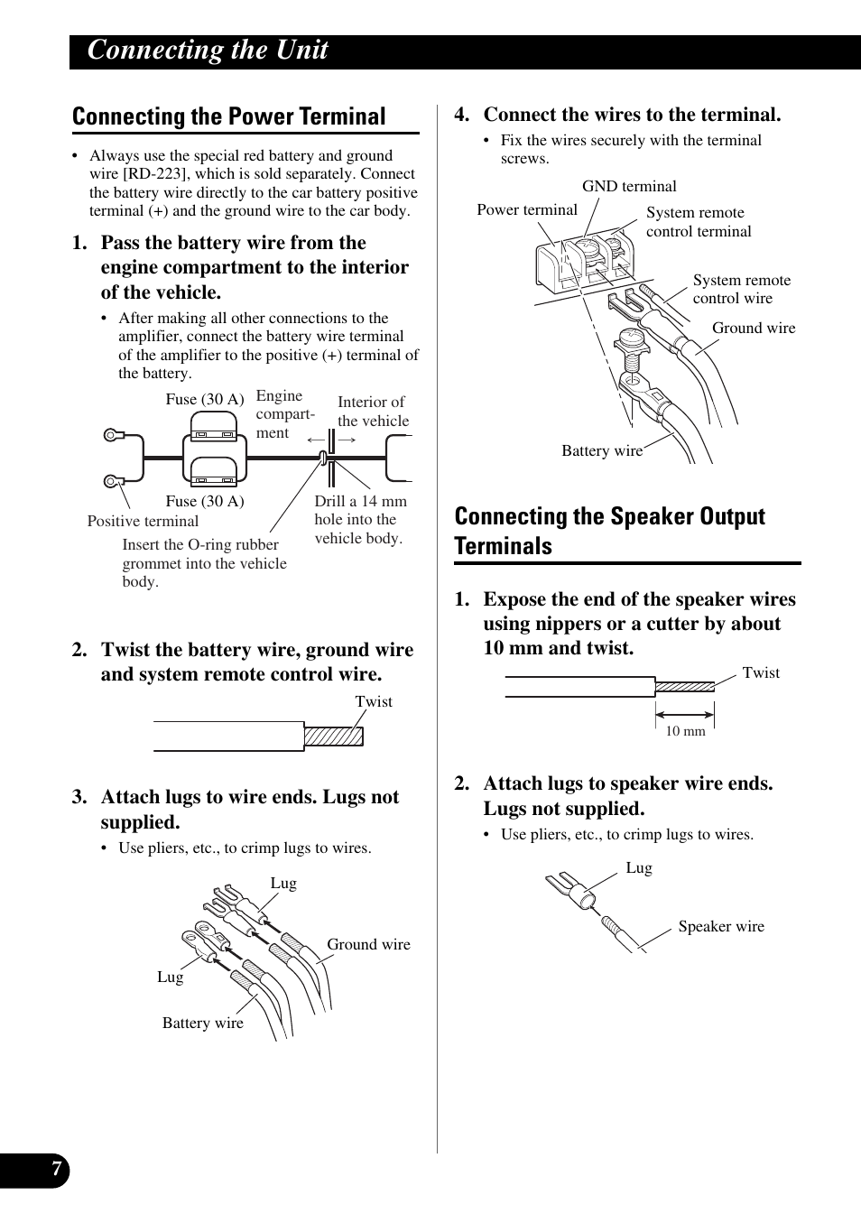 Connecting the unit, Connecting the power terminal, Connecting the speaker output terminals | Pioneer GM-X354 User Manual | Page 8 / 76