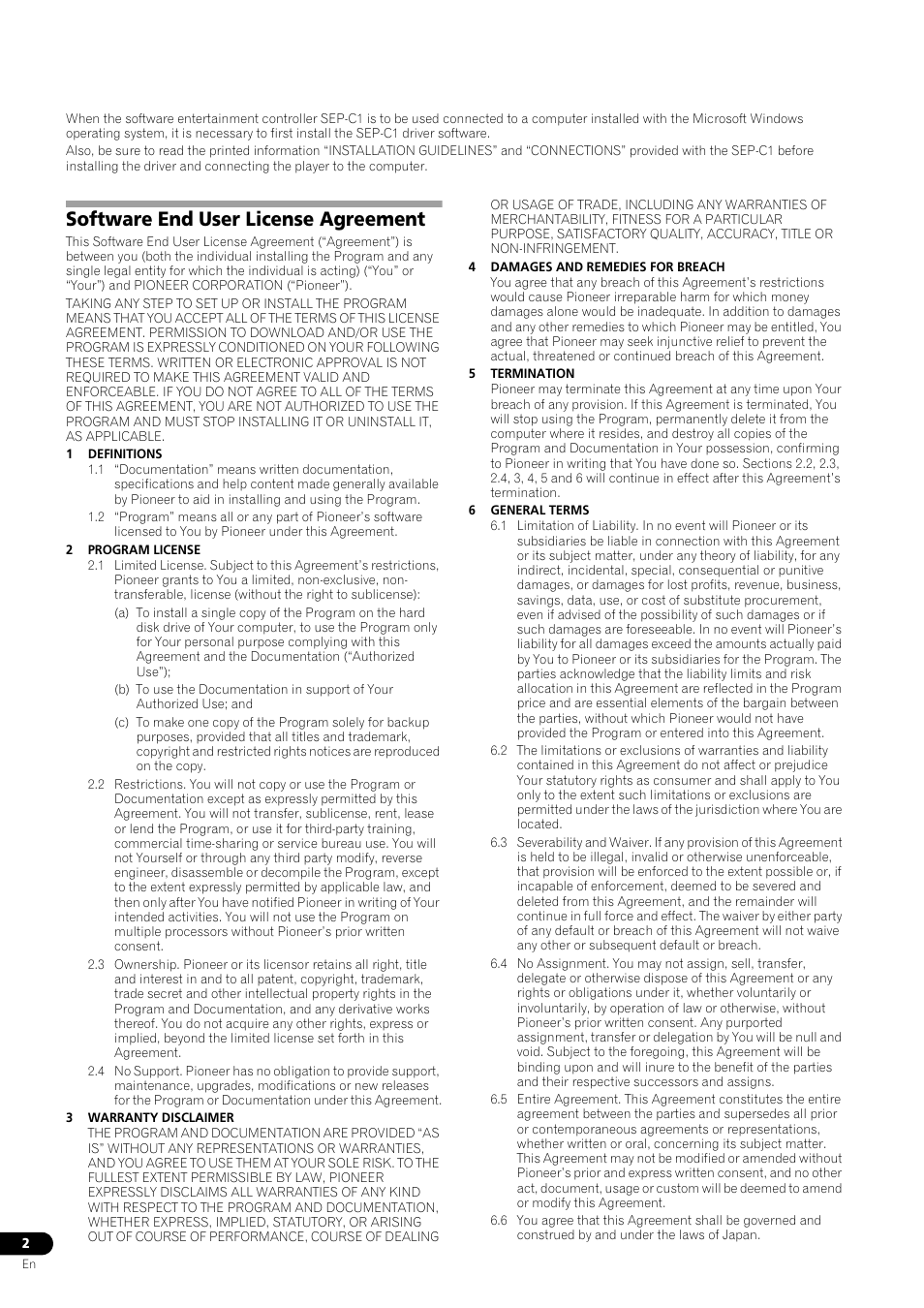 Software end user license agreement | Pioneer SEP-C1 User Manual | Page 2 / 5