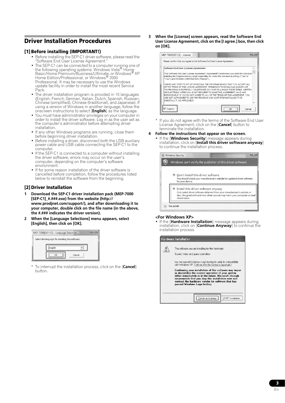 Driver installation procedures, 1] before installing (important!), 2] driver installation | Pioneer SEP-C1 User Manual | Page 3 / 5