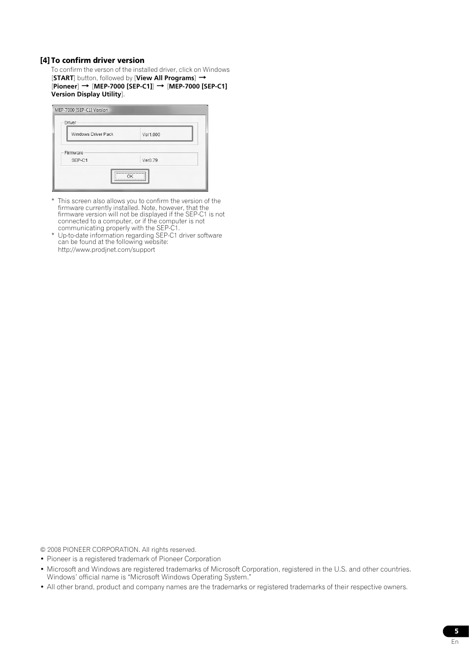 4] to confirm driver version | Pioneer SEP-C1 User Manual | Page 5 / 5