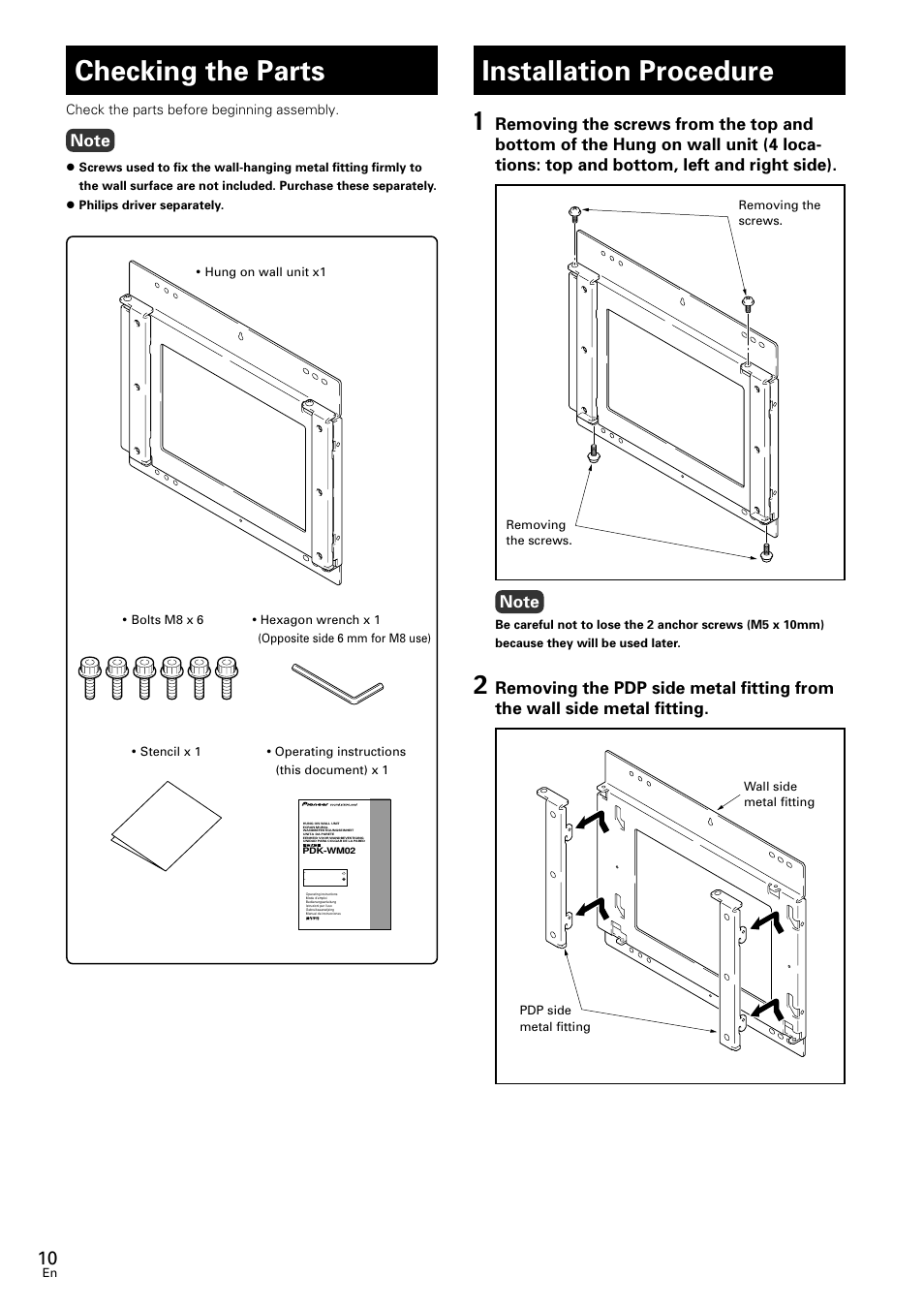 Checking the parts, Installation procedure | Pioneer PDK-WM02 User Manual | Page 10 / 20