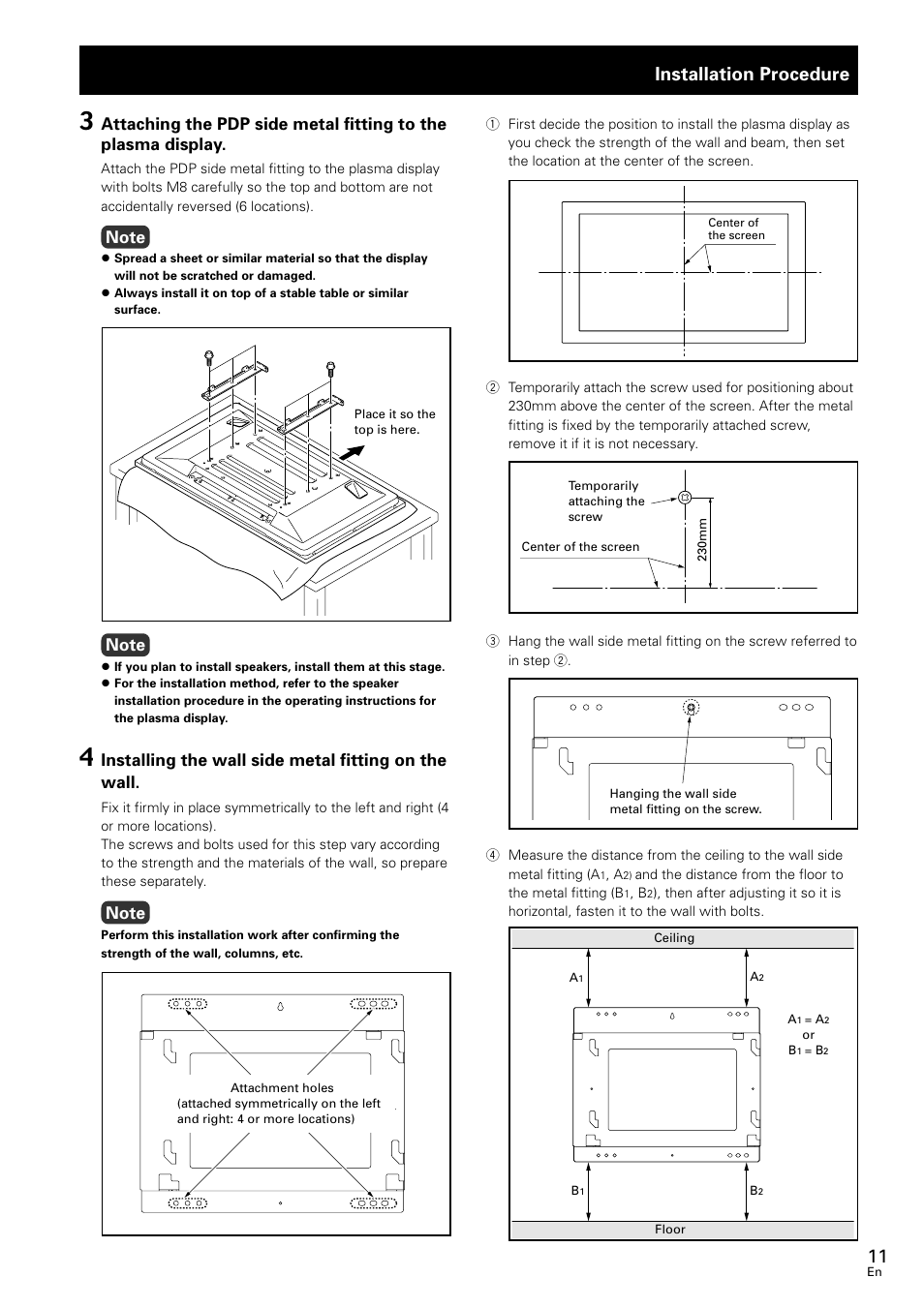 Installation procedure, Installing the wall side metal fitting on the wall | Pioneer PDK-WM02 User Manual | Page 11 / 20