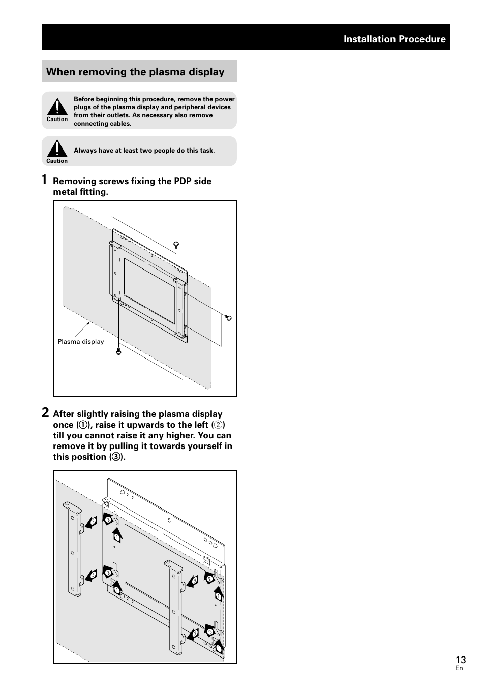 When removing the plasma display, Installation procedure | Pioneer PDK-WM02 User Manual | Page 13 / 20