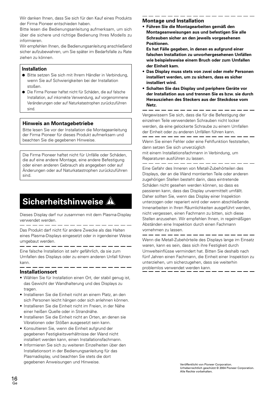 Bedienungsanleitung, Sicherheitshinweise | Pioneer PDK-WM02 User Manual | Page 16 / 20