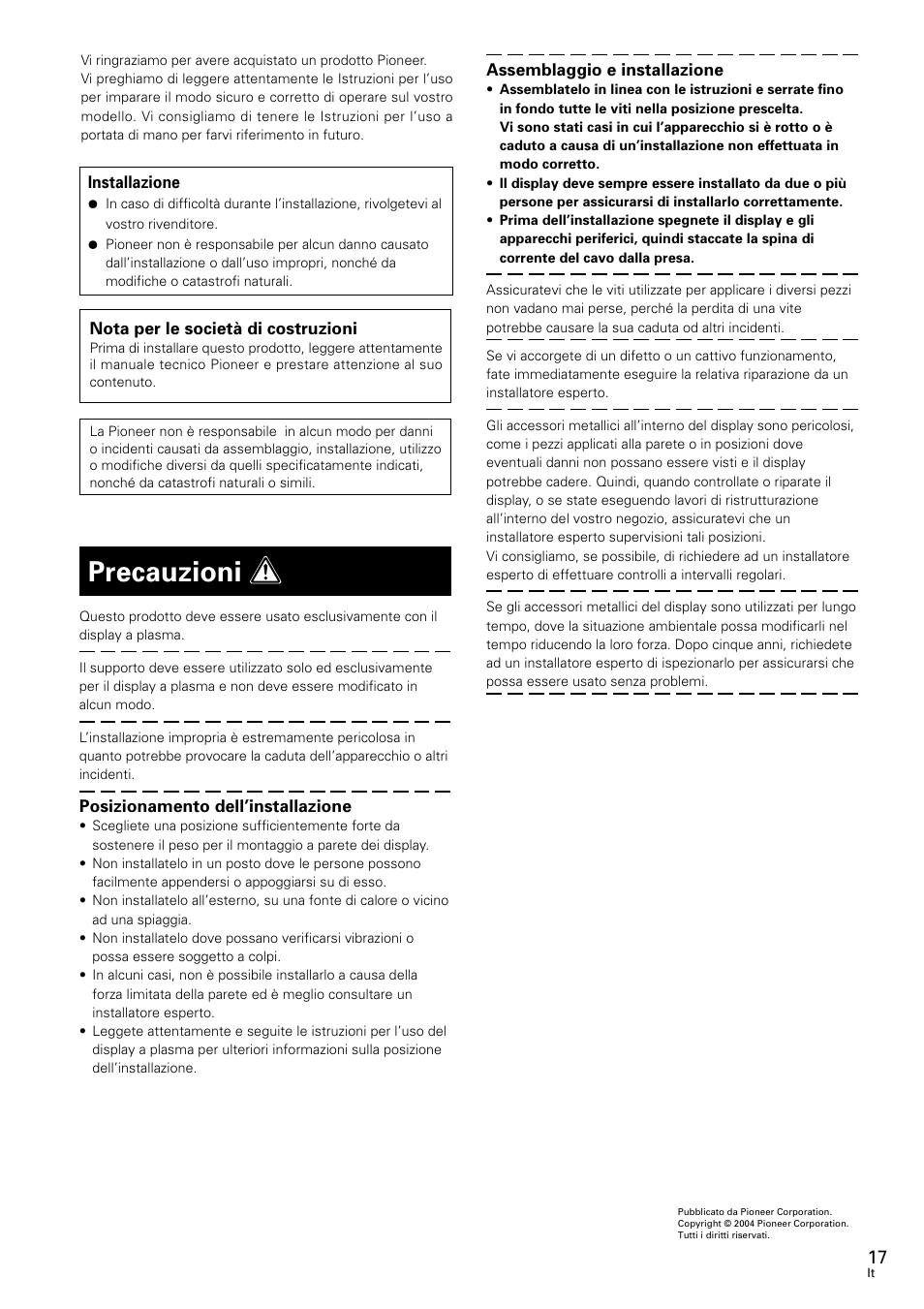 Istruzioni per l’uso, Precauzioni | Pioneer PDK-WM02 User Manual | Page 17 / 20