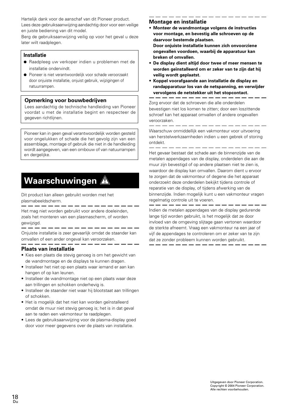 Gebruiksaanwijzing, Waarschuwingen | Pioneer PDK-WM02 User Manual | Page 18 / 20