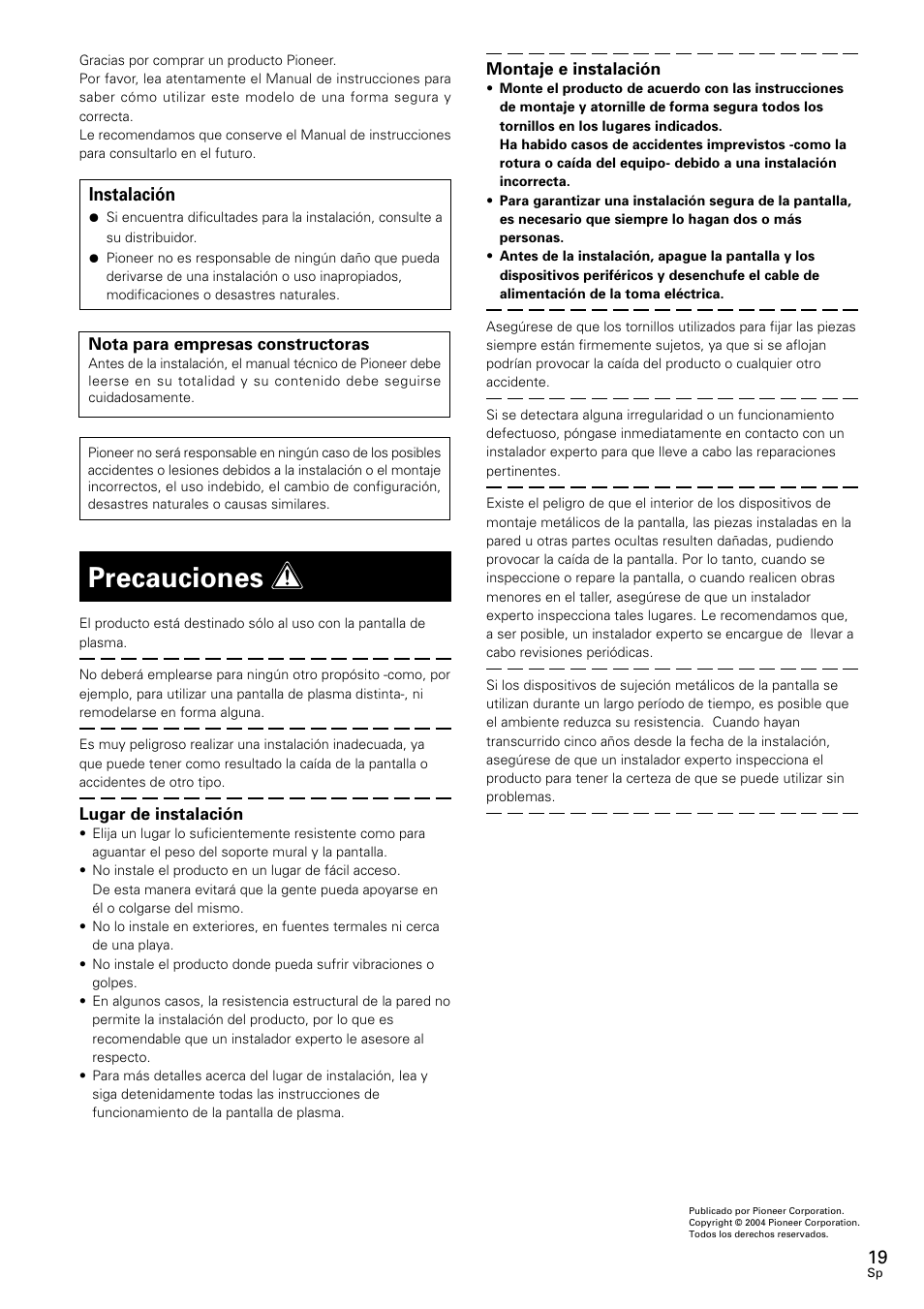 Manual de instrucciones, Precauciones, Instalación | Pioneer PDK-WM02 User Manual | Page 19 / 20