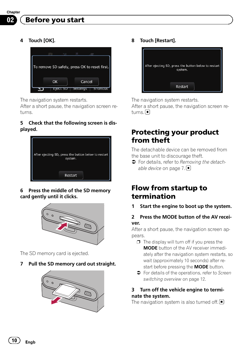 Protecting your product from theft, Flow from startup to termination, 02 before you start | Pioneer AVIC-F220 User Manual | Page 10 / 76