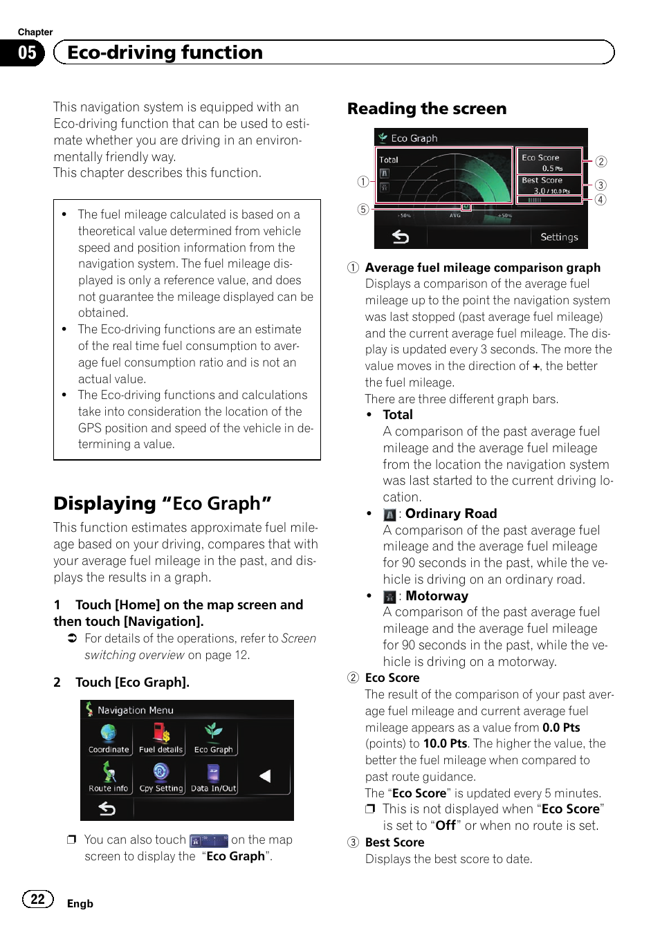 Eco-driving function displaying, Eco graph” 22, Reading the screen 22 | Displaying “eco, Graph, Displaying “eco graph, 05 eco-driving function, Reading the screen | Pioneer AVIC-F220 User Manual | Page 22 / 76