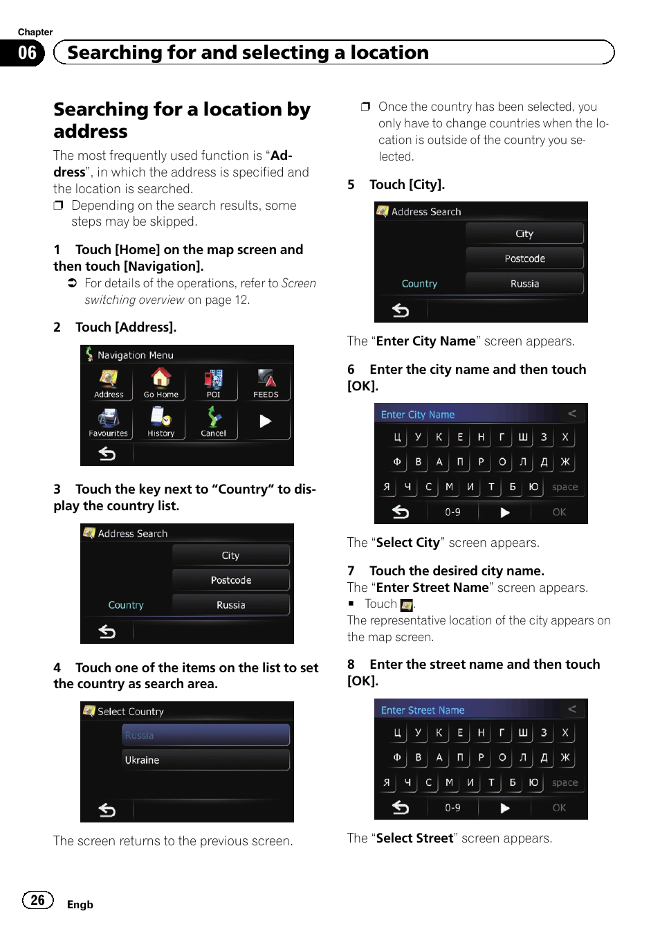 Searching for a location by address, 06 searching for and selecting a location | Pioneer AVIC-F220 User Manual | Page 26 / 76