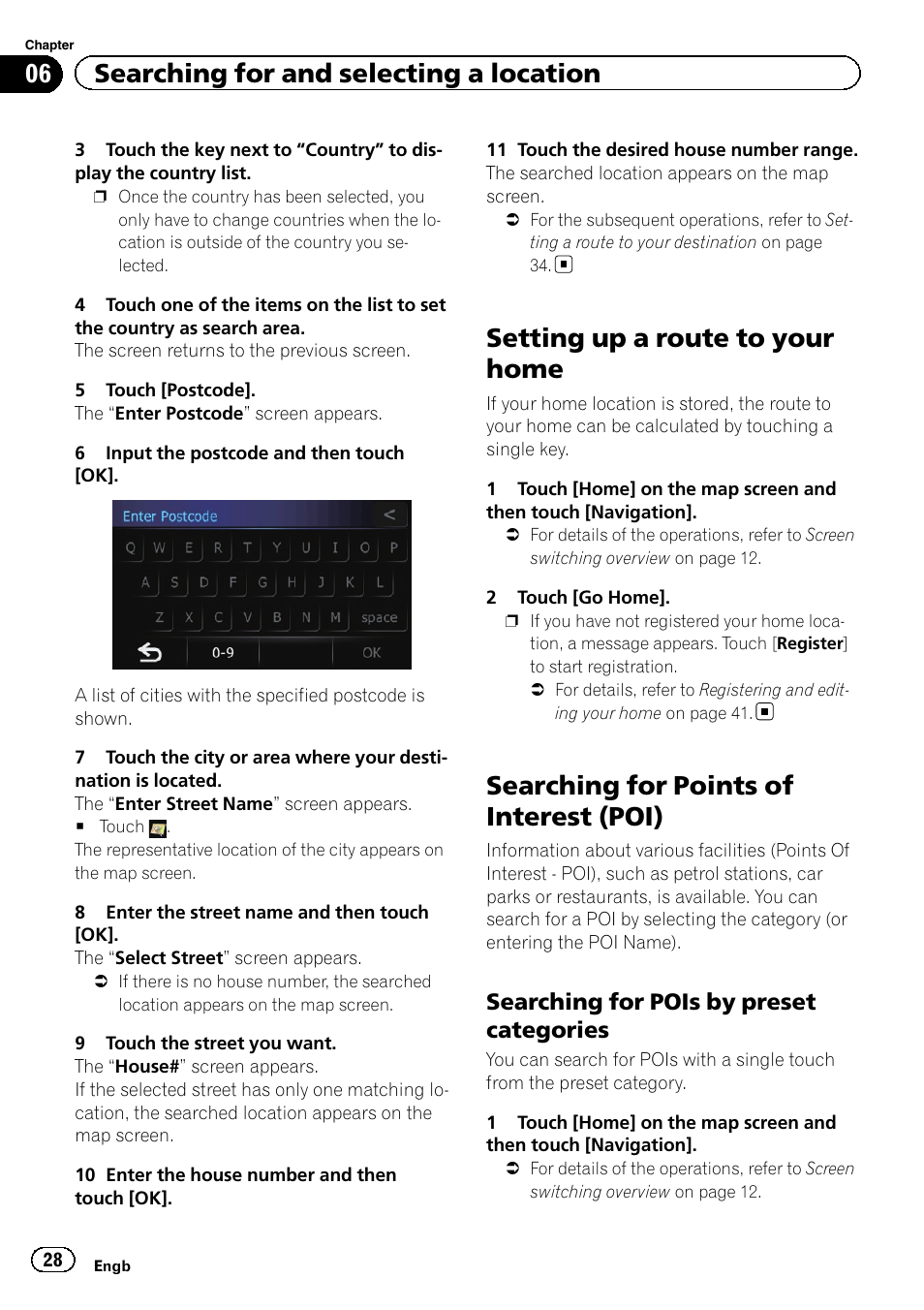 Setting up a route to your home, Searching for points of interest (poi), Searching for pois by preset | Categories, 06 searching for and selecting a location, Searching for pois by preset categories | Pioneer AVIC-F220 User Manual | Page 28 / 76