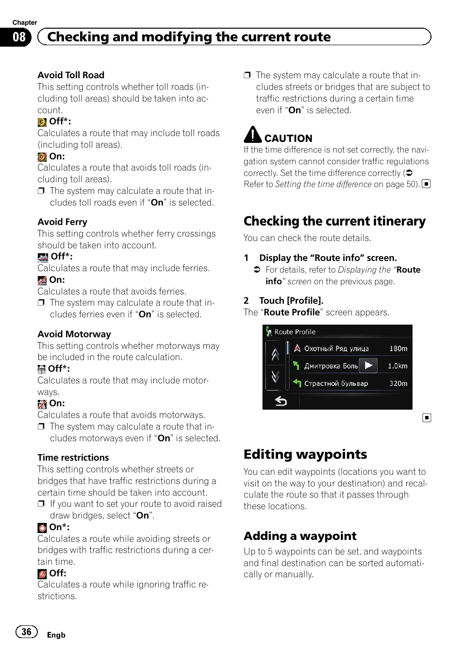 Checking the current itinerary, Editing waypoints, Adding a waypoint 36 | Checking the current, Editing waypoints on, 08 checking and modifying the current route, Adding a waypoint | Pioneer AVIC-F220 User Manual | Page 36 / 76