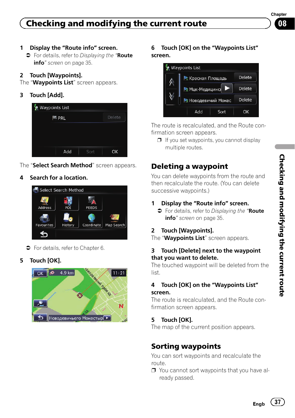 Deleting a waypoint 37, Sorting waypoints 37, Checking and modifying the current route | Deleting a waypoint, Sorting waypoints | Pioneer AVIC-F220 User Manual | Page 37 / 76