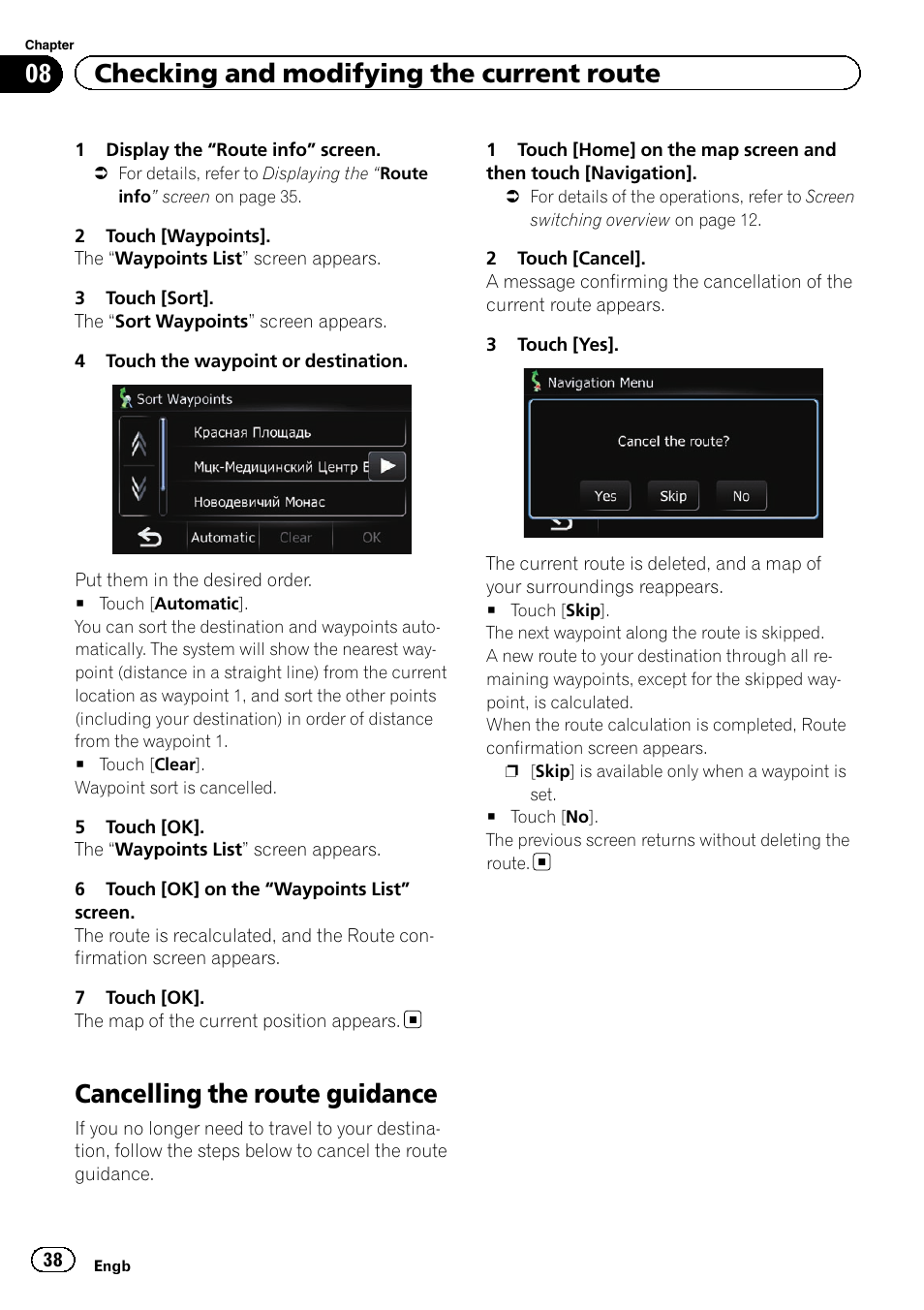 Cancelling the route guidance, 08 checking and modifying the current route | Pioneer AVIC-F220 User Manual | Page 38 / 76