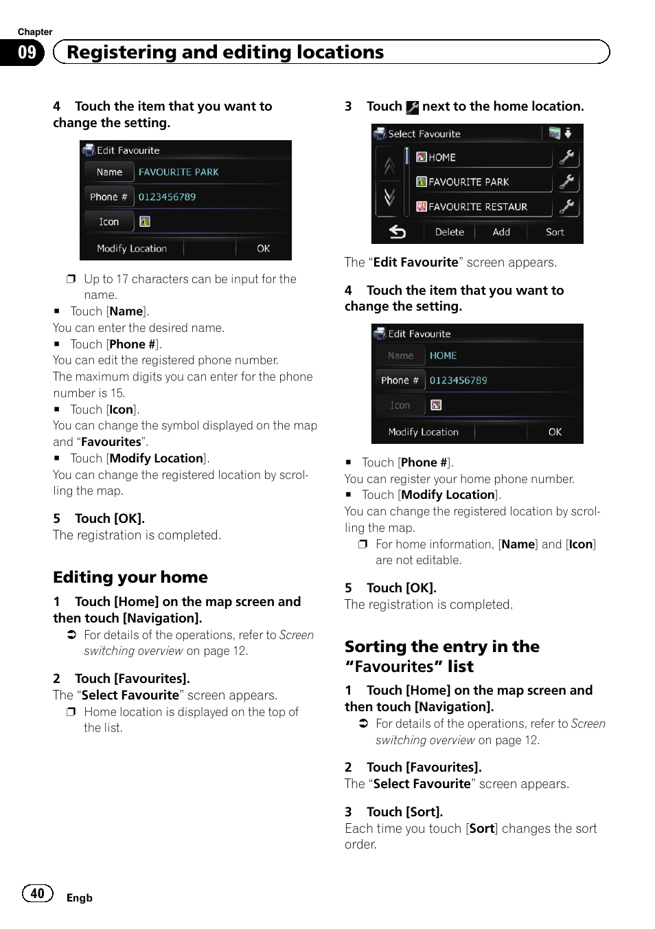 Editing your home 40, Sorting the entry in the “favourites, List | 09 registering and editing locations, Editing your home, Sorting the entry in the “favourites” list | Pioneer AVIC-F220 User Manual | Page 40 / 76