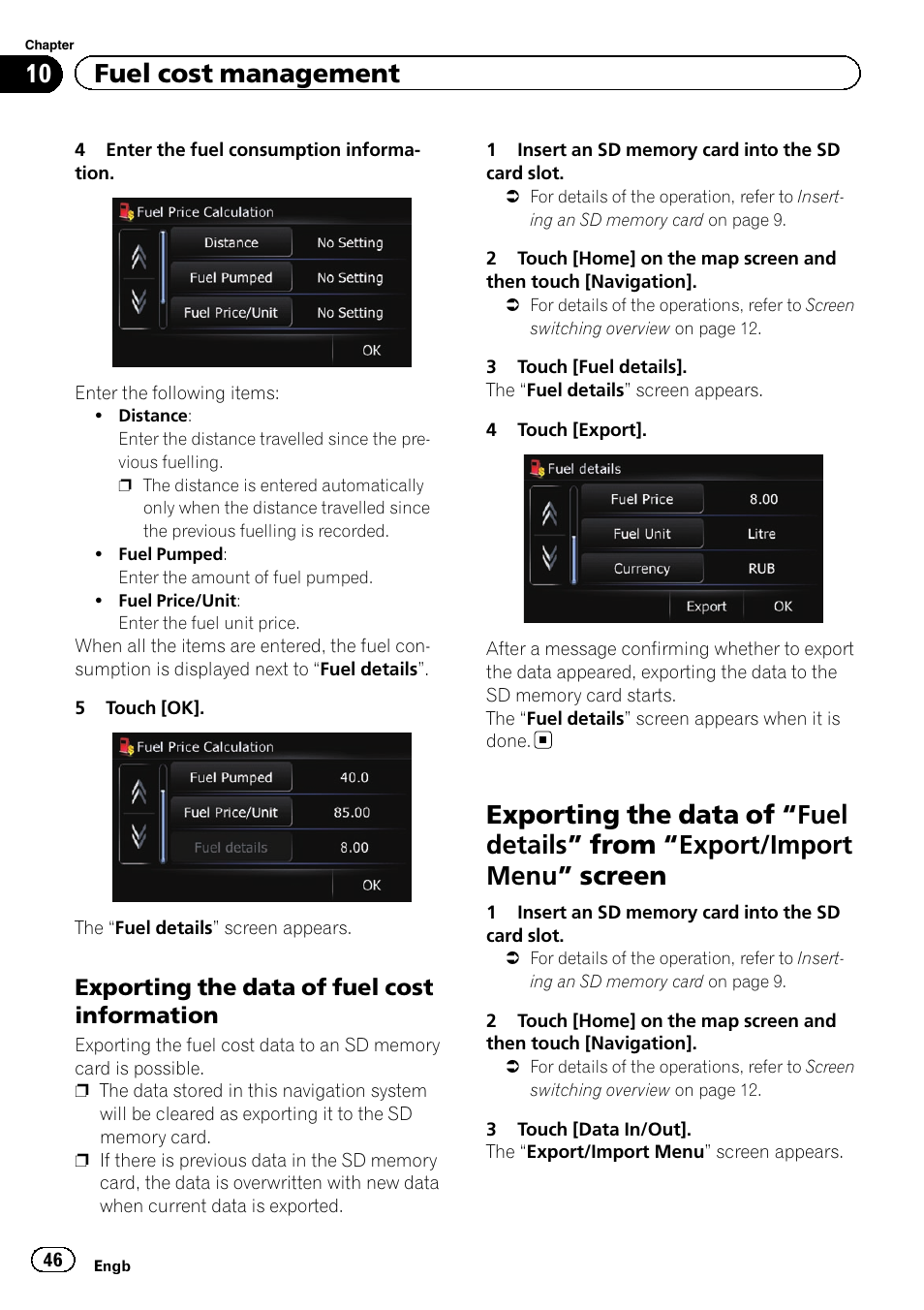 Exporting the data of fuel cost, Information, Exporting the data of | Fuel details” from, Export/import menu” screen 46, 10 fuel cost management | Pioneer AVIC-F220 User Manual | Page 46 / 76