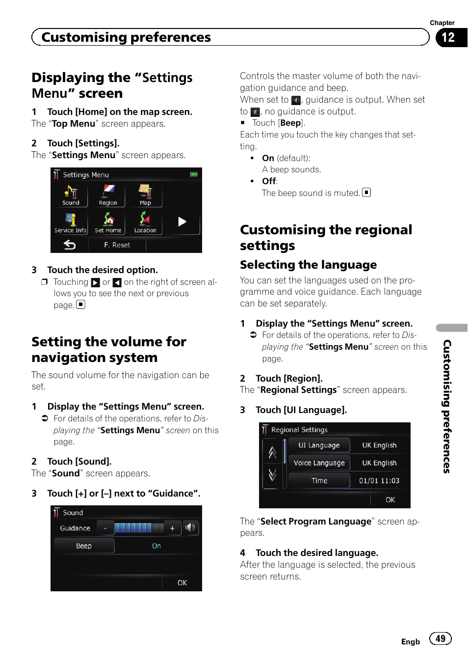 Customising preferences displaying the, Settings menu” screen 49, Setting the volume for navigation system | Customising the regional settings, Selecting the language 49, Displaying the “settings menu ” screen, Customising preferences | Pioneer AVIC-F220 User Manual | Page 49 / 76