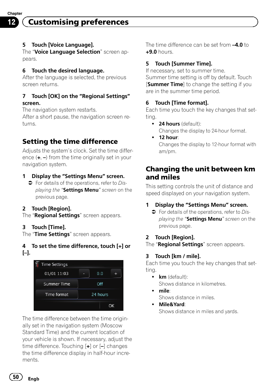 Setting the time difference 50, Changing the unit between km and, Miles | 12 customising preferences, Setting the time difference, Changing the unit between km and miles | Pioneer AVIC-F220 User Manual | Page 50 / 76