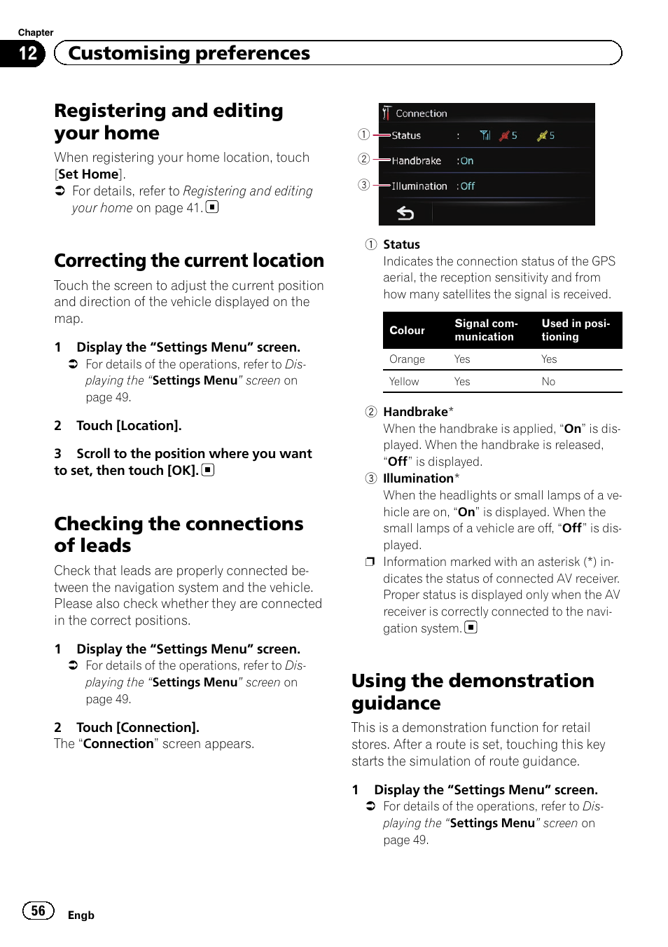 Registering and editing your home, Correcting the current location, Checking the connections of leads | Using the demonstration guidance, 12 customising preferences | Pioneer AVIC-F220 User Manual | Page 56 / 76