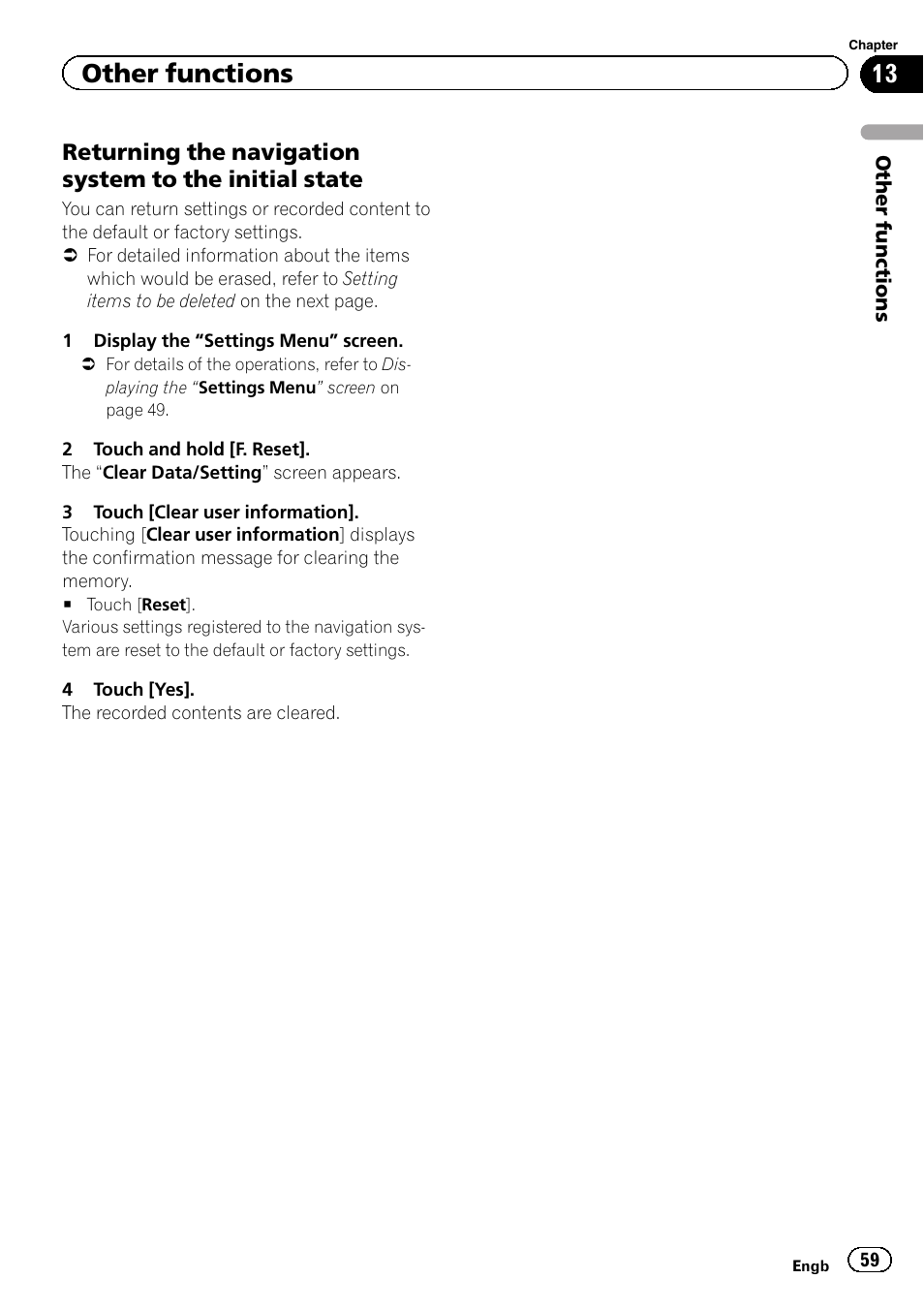 Returning the navigation system to the, Initial state, Returning the naviga | Other functions | Pioneer AVIC-F220 User Manual | Page 59 / 76