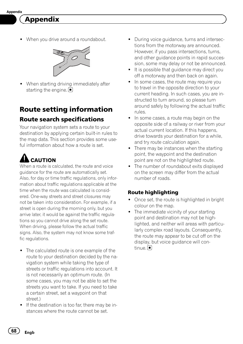 Route setting information, Route search specifications 68, Appendix | Route search specifications | Pioneer AVIC-F220 User Manual | Page 68 / 76