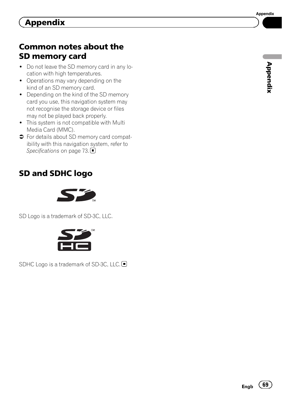 Common notes about the sd memory, Card, Sd and sdhc logo | Appendix | Pioneer AVIC-F220 User Manual | Page 69 / 76