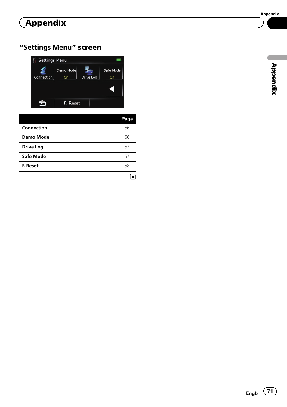 Settings menu” screen 71, Settings menu” screen, Appendix | Pioneer AVIC-F220 User Manual | Page 71 / 76