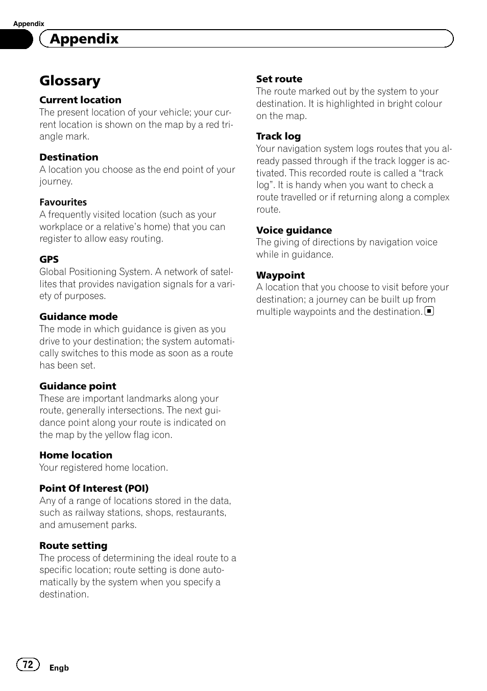 Glossary, Appendix | Pioneer AVIC-F220 User Manual | Page 72 / 76