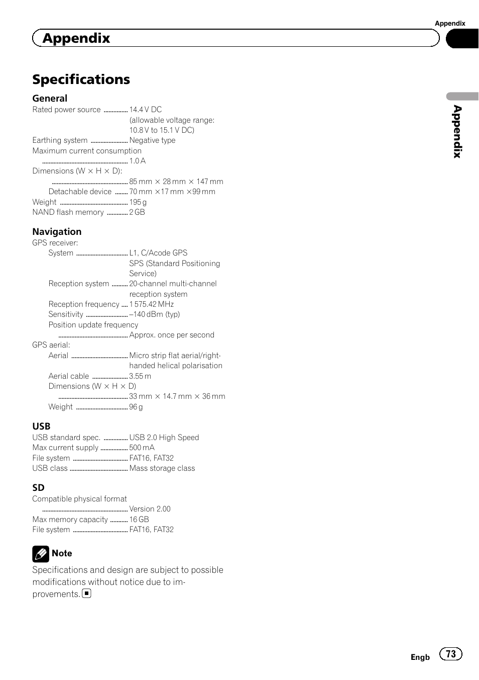 Specifications, Appendix | Pioneer AVIC-F220 User Manual | Page 73 / 76