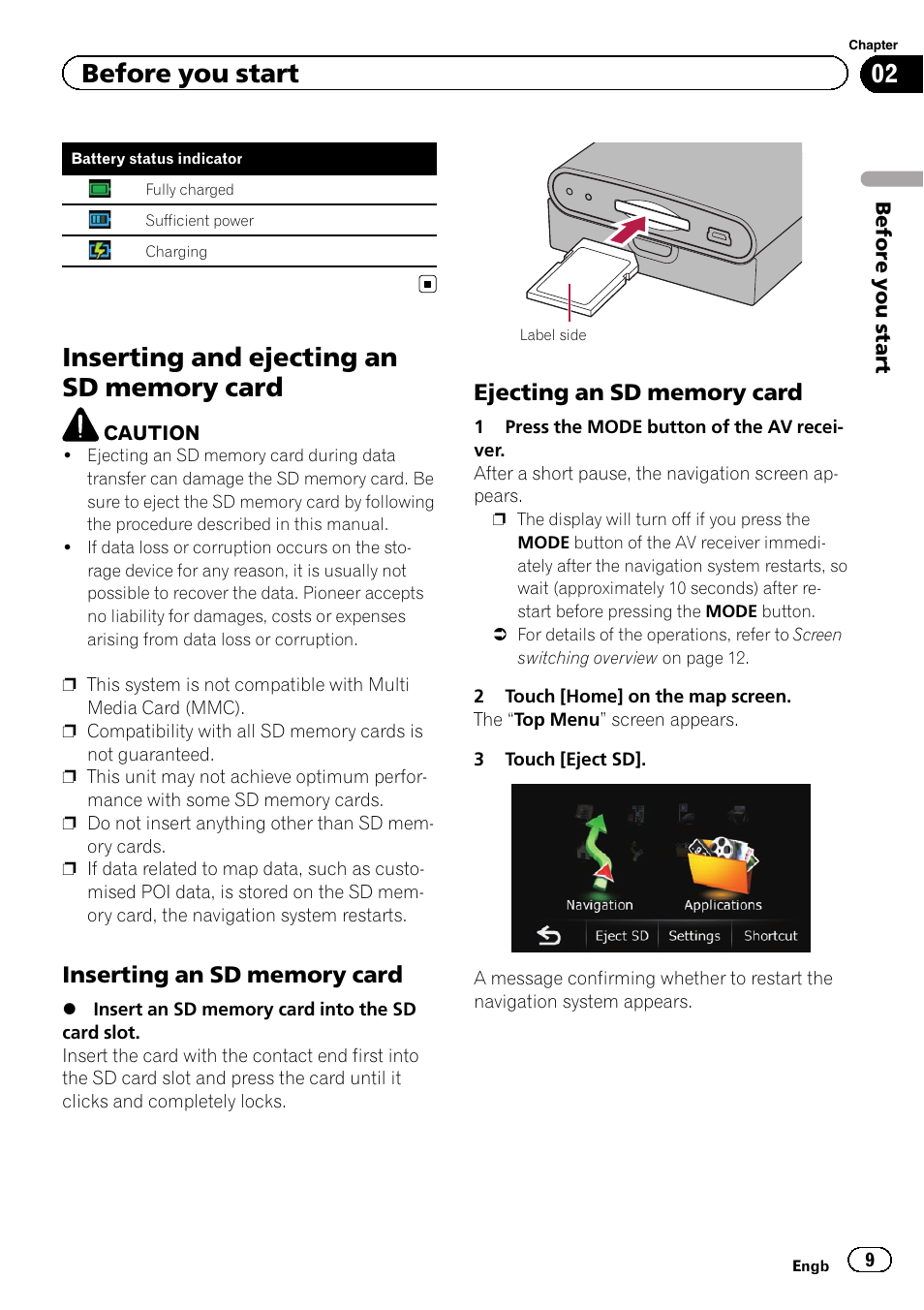 Inserting and ejecting an sd memory, Card, Inserting an sd memory card 9 | Ejecting an sd memory card 9, Before you start | Pioneer AVIC-F220 User Manual | Page 9 / 76